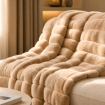 Luxurious caramel beige bubble velvet faux rabbit fur throw blanket